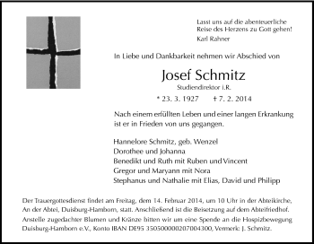 Traueranzeige von Josef Schmitz von Tageszeitung