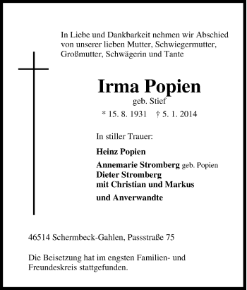 Traueranzeige von Irma Popien von Tageszeitung