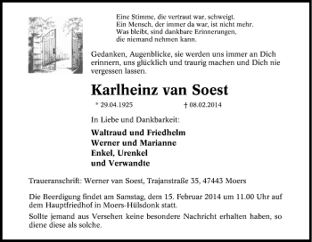 Traueranzeige von Karlheinz van Soest von Tageszeitung