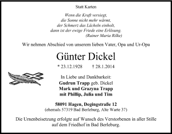 Traueranzeige von Günter Dickel von Tageszeitung