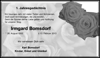 Traueranzeige von Irmgard Bomsdorf von Tageszeitung