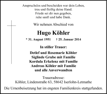 Traueranzeige von Hugo Köhler von Tageszeitung