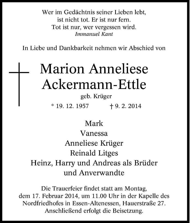  Traueranzeige für Marion Anneliese Ackermann-Ettle vom 13.02.2014 aus Tageszeitung