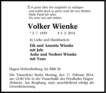 Traueranzeige von Volker Wienke von Tageszeitung