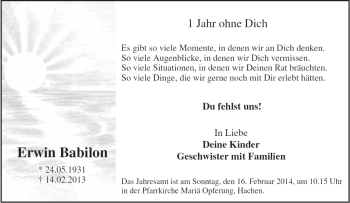 Traueranzeige von Erwin Babilon von Tageszeitung