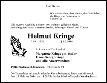 Traueranzeige von Helmut Kringe von Tageszeitung