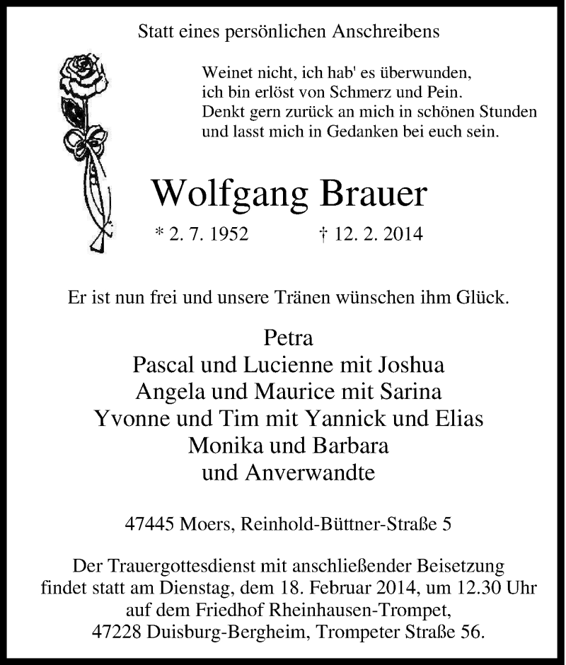  Traueranzeige für Wolfgang Brauer vom 15.02.2014 aus Tageszeitung
