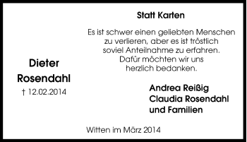Traueranzeige von Dieter Rosendahl von Tageszeitung
