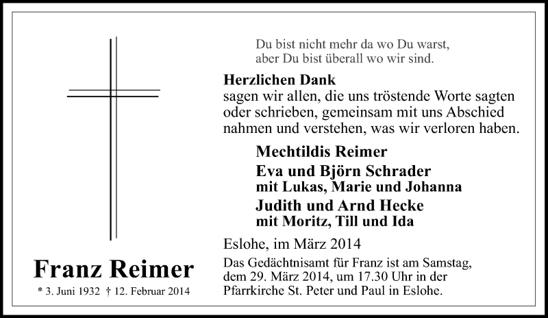 Traueranzeigen von Franz Reimer TrauerinNRW.de