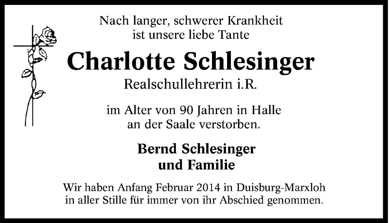  Traueranzeige für Charlotte Schlesinger vom 22.02.2014 aus Tageszeitung