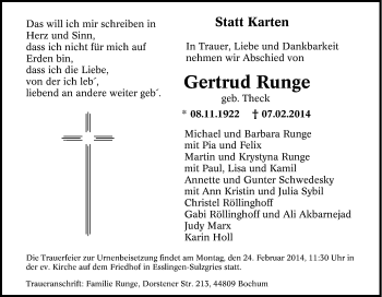 Traueranzeige von Gertrud Runge von Tageszeitung