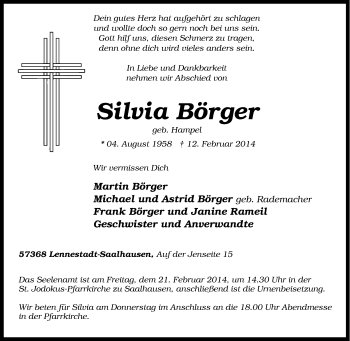 Traueranzeige von Silvia Börger von Tageszeitung