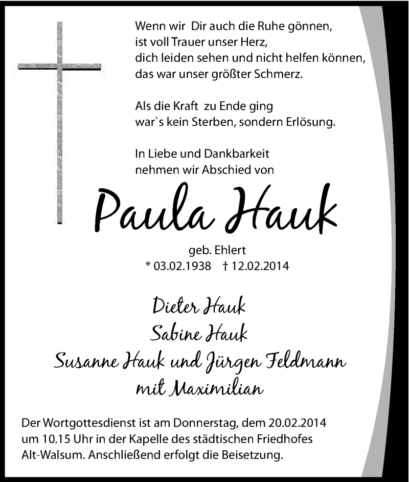  Traueranzeige für Paula Hauk vom 15.02.2014 aus Tageszeitung