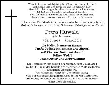 Traueranzeige von Petra Huwald von Tageszeitung