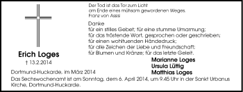Traueranzeige von Erich Loges von Tageszeitung