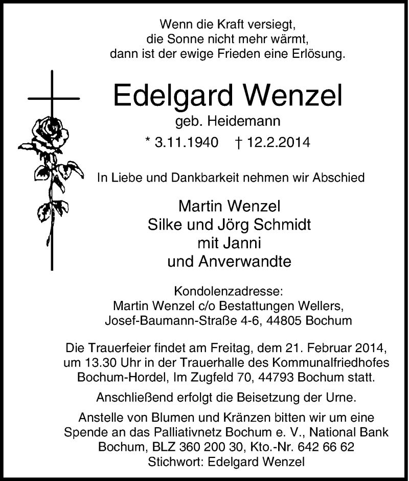  Traueranzeige für Edelgard Wenzel vom 18.02.2014 aus Tageszeitung
