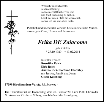 Traueranzeige von Erika DE Zaiacomo von Tageszeitung