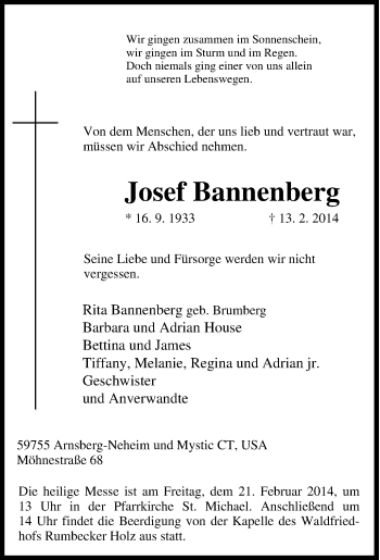 Traueranzeige von Josef Bannenberg von Tageszeitung