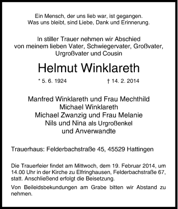 Traueranzeige von Helmut Winklareth von Tageszeitung