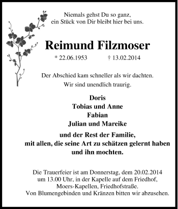 Traueranzeige von Reimund Filzmoser von Tageszeitung