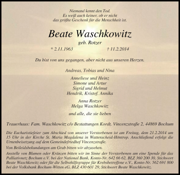 Traueranzeige von Beate Waschkowitz von Tageszeitung