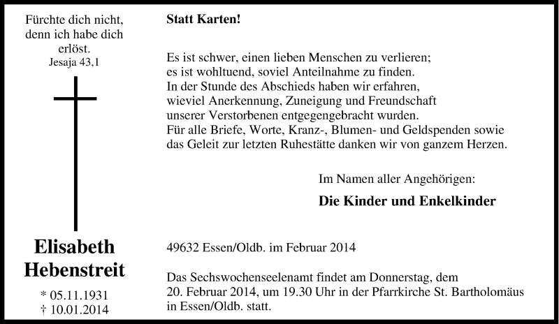  Traueranzeige für Elisabeth Hebenstreit vom 18.02.2014 aus Tageszeitung