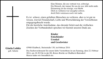 Traueranzeige von Gisela Lobitz von Tageszeitung