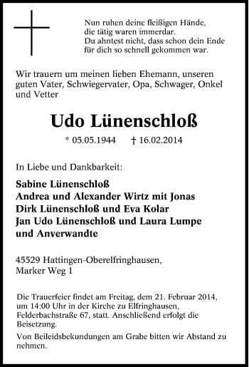 Traueranzeige von Udo Lünenschloß von Tageszeitung