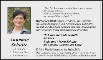 Traueranzeige von Annemie Schulte von Tageszeitung