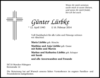 Traueranzeige von Günter Lürbke von Tageszeitung