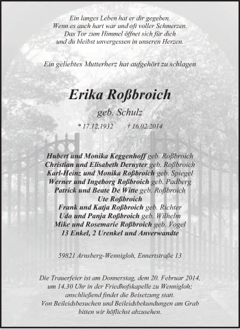 Traueranzeige von Erika Roßbroich von Tageszeitung