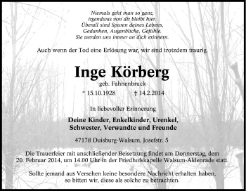 Traueranzeige von Inge Körber von Tageszeitung