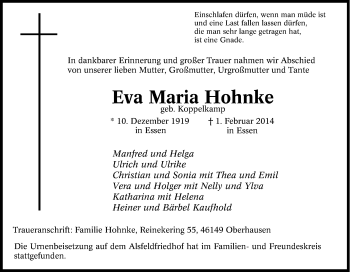Traueranzeige von Eva Maria Hohnke von Tageszeitung