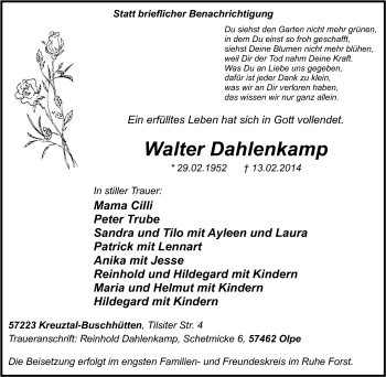 Traueranzeige von Walter Dahlenkamp von Tageszeitung