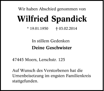 Traueranzeige von Wilfried Spandick von Tageszeitung