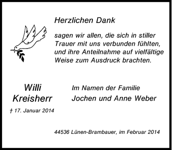 Traueranzeige von Willi Kreisherr von Tageszeitung