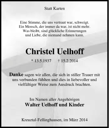 Traueranzeige von Christel Uelhoff von Tageszeitung