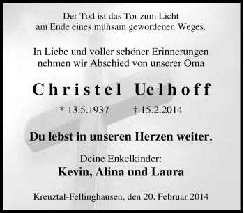 Traueranzeige von Christel Uelhoff von Tageszeitung
