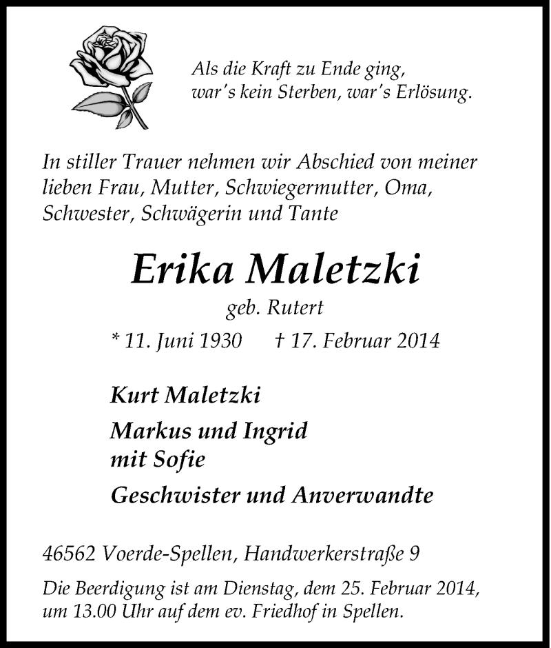  Traueranzeige für Erika Maletzki vom 20.02.2014 aus Tageszeitung
