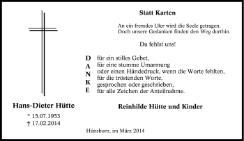 Traueranzeige von Hans-Dieter Hütte von Tageszeitung