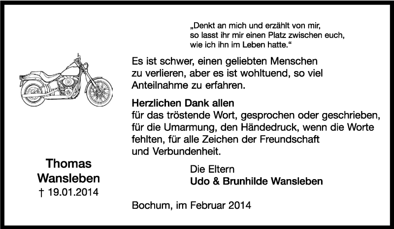  Traueranzeige für Thomas Wansleben vom 20.02.2014 aus Tageszeitung