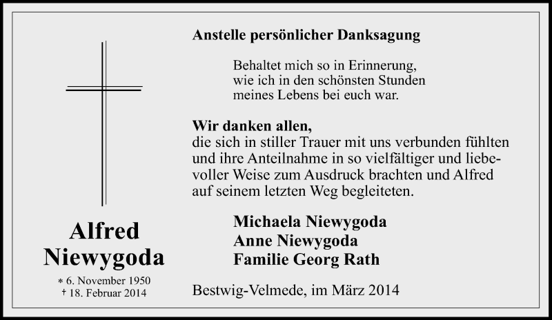  Traueranzeige für Alfred Niewygoda vom 21.02.2014 aus Tageszeitung
