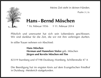Traueranzeige von Hans-Bernd Möschen von Tageszeitung