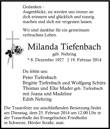 Traueranzeige von Milanda Tiefenbach von Tageszeitung
