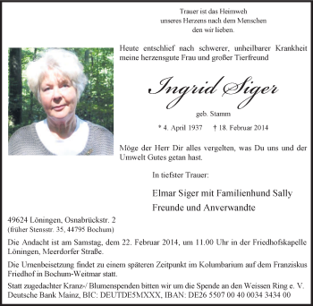 Traueranzeige von Ingrid Siger von Tageszeitung