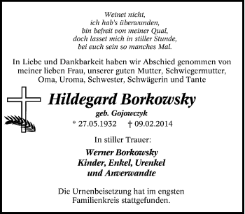 Traueranzeige von Hildegard Borkowsky von Tageszeitung