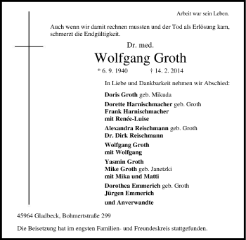 Traueranzeige von Wolfgang Groth von Tageszeitung