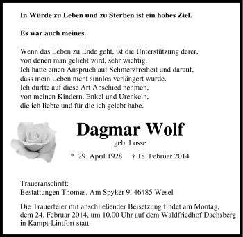 Traueranzeige von Dagmar Wolf von Tageszeitung