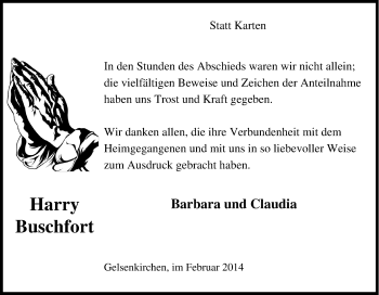Traueranzeige von Harry Buschfort von Tageszeitung