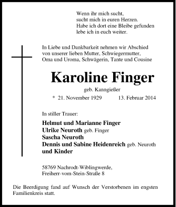 Traueranzeige von Karoline Finger von Tageszeitung